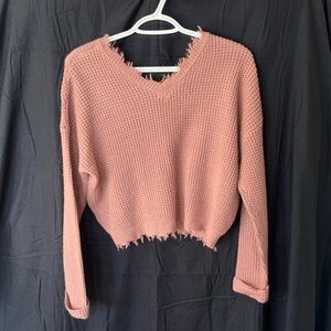 moon & madison Pink V-Neck Frayed Sweater
